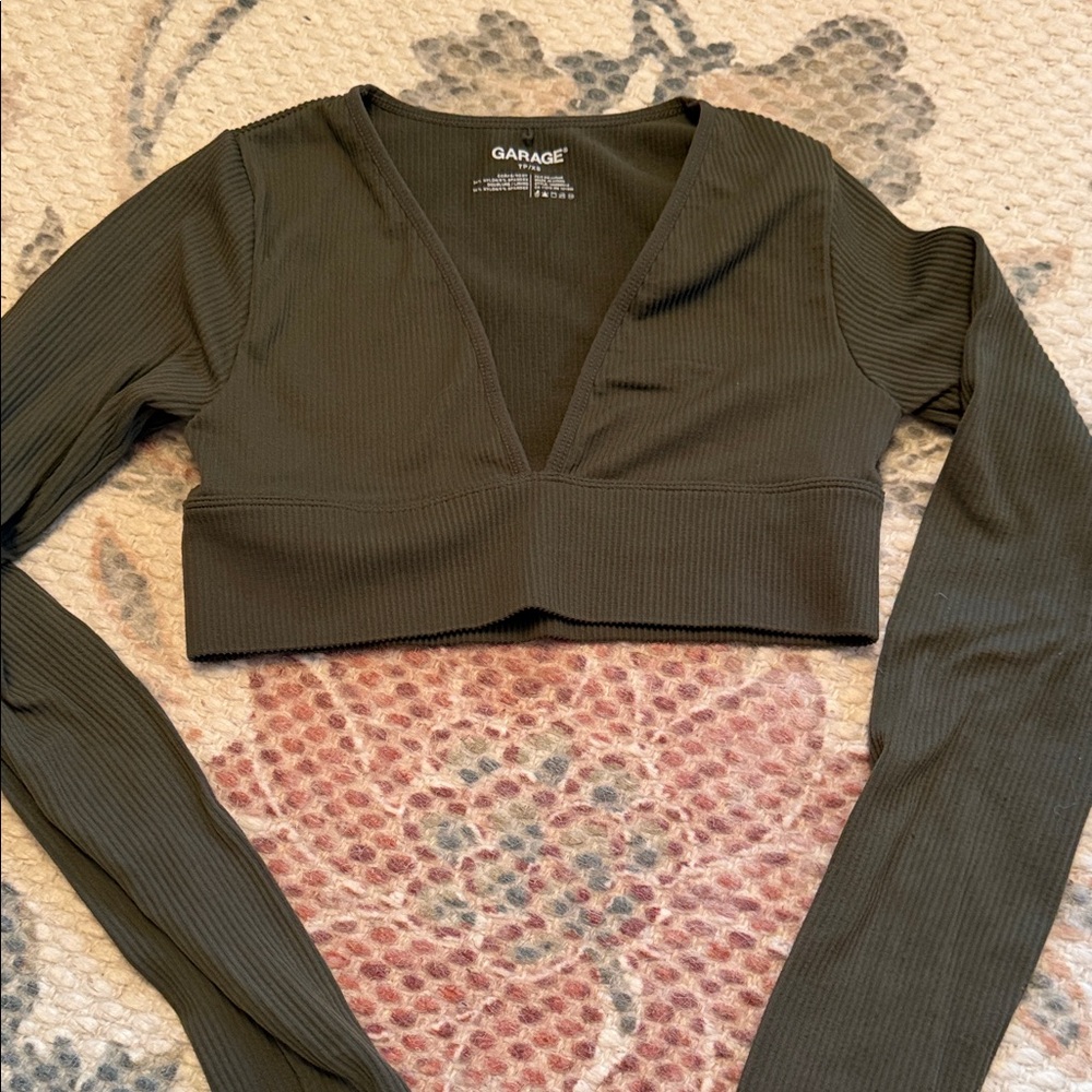 Garage Dark Green Ribbed Long Sleeve Crop Top